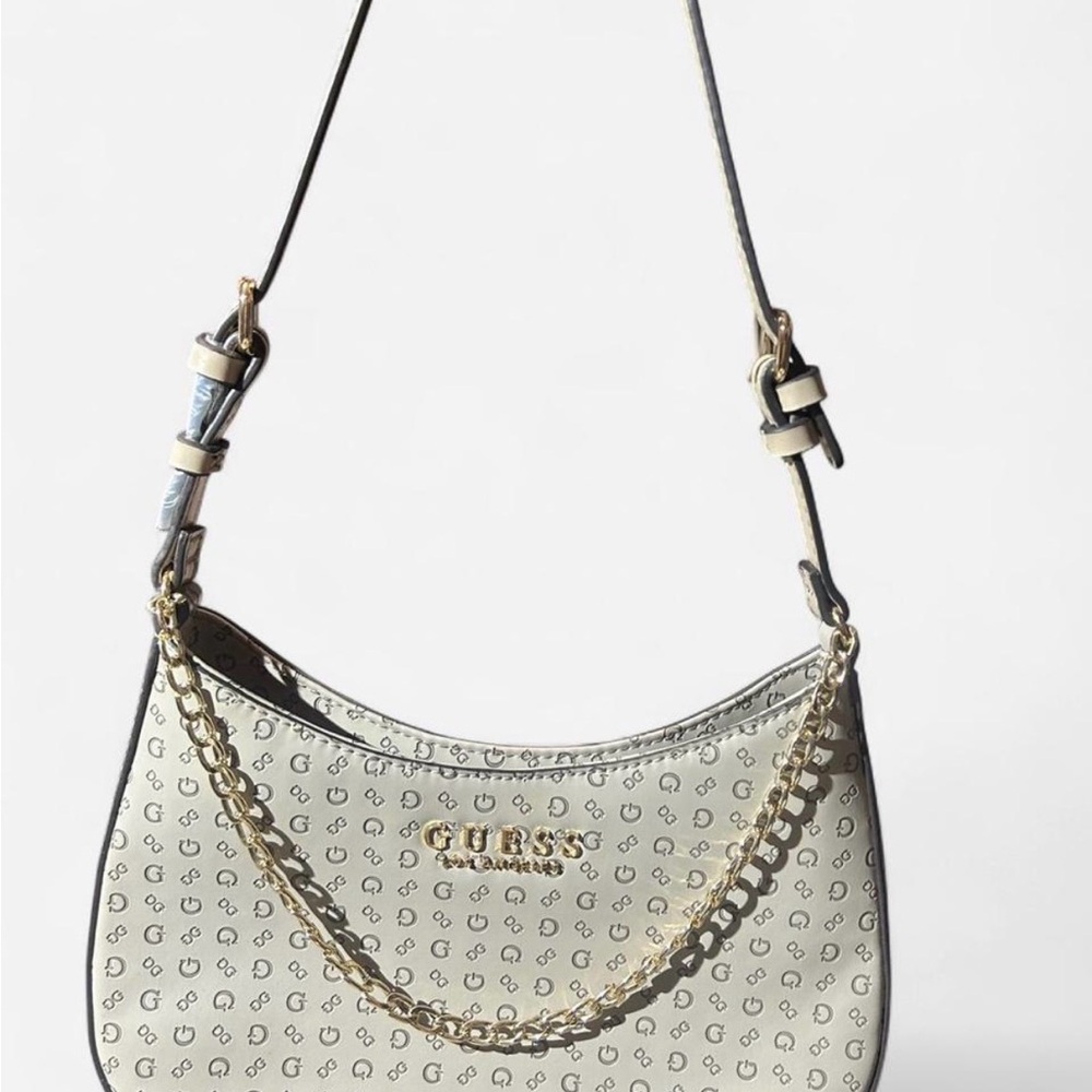 GUESS Logo Patterned Shoulder Bag with Gold Chain